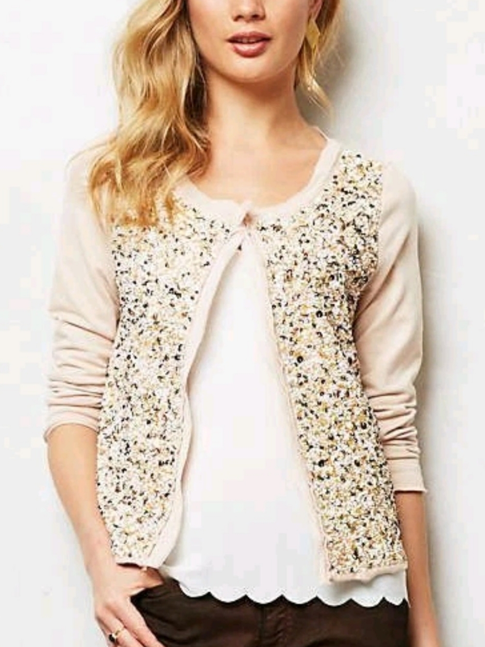 Anthropologie Postmark Womens Pink Paillette Beaded Sequin Cardigan Size Medium